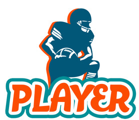 &ldquo;Player&rdquo; written in bold rounded letters with a football player leaning against the text. Two-tone vector design with orange and aqua, perfect for sports and football-themed graphics