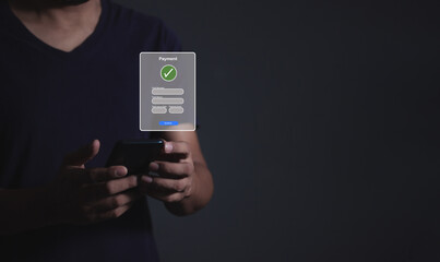 Young Man Hand Using Smartphone For Mobile Payment, Online payment, Digital, and Online shopping, Bank account phone, Mobile banking