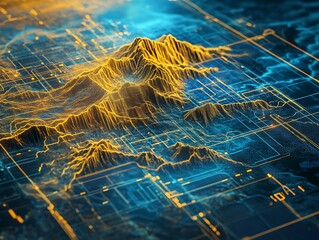 Historic highland map combined with futuristic grid and scanning elements in gold-blue