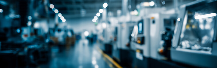 blurred view of factory aisle with robotic machines