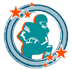 Aqua, orange, white and blue round frame with stars and football player, sport vector graphics, retro style © roberta