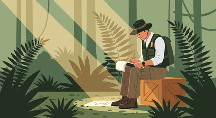 Illustrative Traveler Taking Notes In A Lush Jungle Setting Under Sunlight