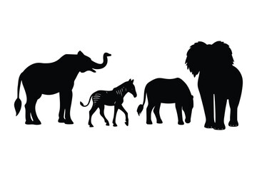 Silhouette of african animals including elephants and a zebra