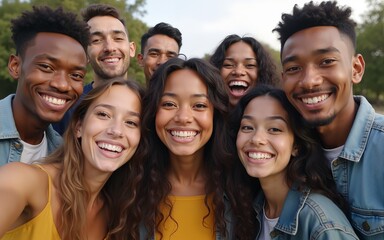 Diverse group of happy young best friends having fun taking selfie photo together - International youth community people concept with multiethnic teenage people smiling at camera on self portrait