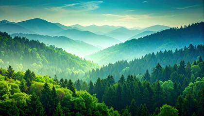 Fototapeta premium Serene forested mountain range with lush greenery and layered peaks under a soft, clear sky.