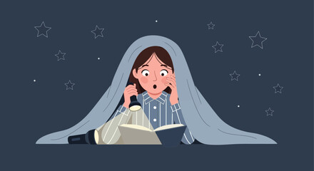Girl Reading Under Blanket With Flashlight At Night Starry Sky Background