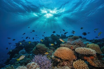 Obraz premium Underwater coral reef with colorful fish and sun rays in the ocean