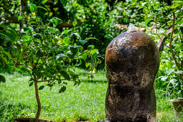 Garden fountain with stone sculpture surrounded by lush green foliage