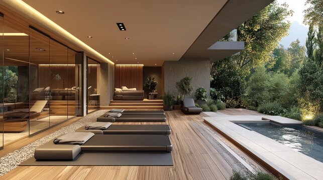 Modern spa patio with yoga mats, pool, and forest views