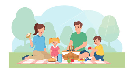 Happy Family Enjoying Picnic Outdoors During Sunny Day Illustration