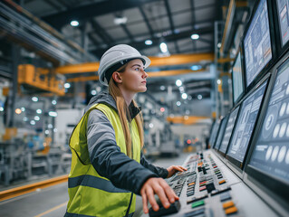 Female Engineer Operating Industrial Control Panel
Modern Factory Worker Monitoring Production Line