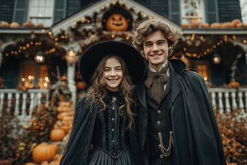 Obraz premium Jeune couple costumé en sorcière et vampire devant une maison décorée pour Halloween, ambiance vintage et festive