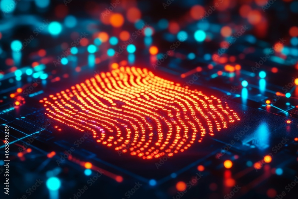 Poster digital fingerprint on circuit board background showcasing biometric technology and security