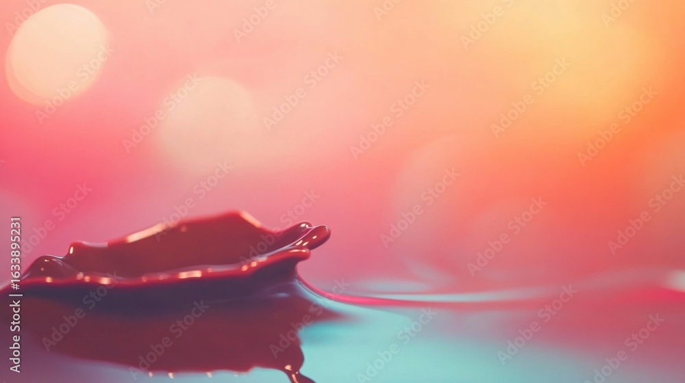 Aufkleber red leaf floating on smooth water surface with colorful background