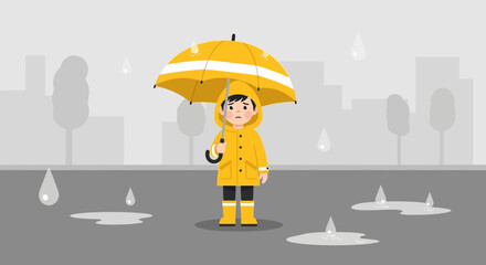 Gloomy Weather Illustration: Sad Boy Standing Under Umbrella In The Rain