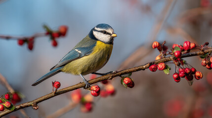 Blaumeise auf Ast mit Beeren Naturlicht