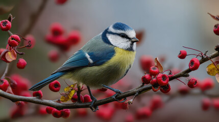 Blaumeise auf Ast mit Beeren Naturlicht