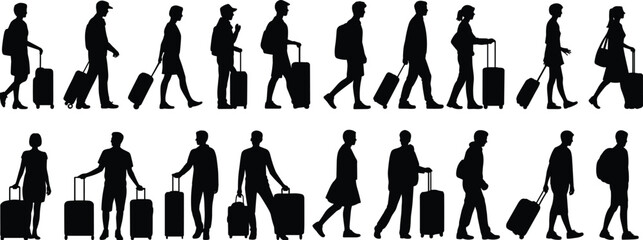 Silhouettes of travelers with luggage, walking poses, airport journey concept, suitcase pulling, travel lifestyle illustration for tourism, mobility, business trip, and vacation themes © Morsalin Creatives