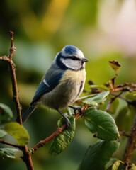 Blaumeise auf Ast mit gr&uuml;nen Bl&auml;ttern weicher Morgen