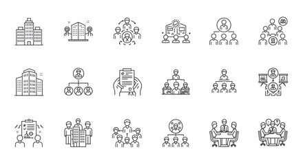 Bureaucracy and corporate organization line icon set. Vector symbols for management, hierarchy, and business structure.