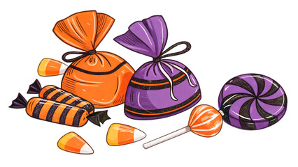 Create a bundle of hand-drawn candies (lollipops, candy corn, wrapped sweets) in Halloween colors (orange, purple, black).