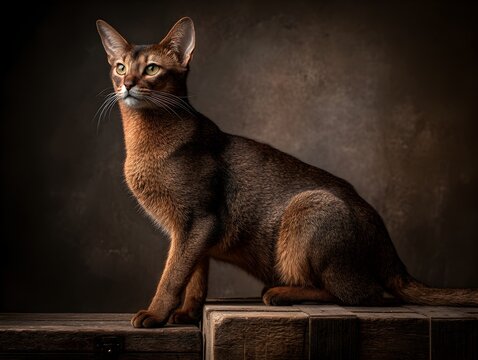 Majestic Abyssinian cat with a regal bea sits elegantly on rustic wooden blocks in dramatic lighting.