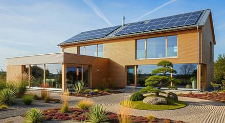 Modern wooden house with solar panels and zen garden showcases sustainable luxury living