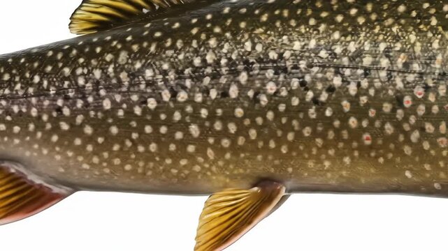 Close-up of Lake Trout Scales and Fins - Detailed view of a lake trout's body, showcasing its distinctive mottled coloration, scales, and fins against a white background.