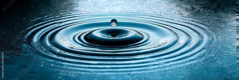 Poster serene water drop creating ripples that form beautiful concentric waves on calm blue surface