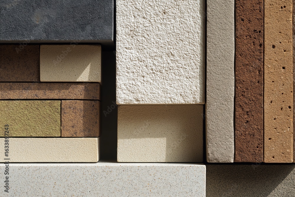 Poster an abstract arrangement of textured stone and concrete blocks in various earth tones, creating a geo