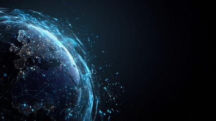 Obraz premium Abstract digital blue planet Earth with a global network and connectivity concept, data transfer in space on a black background.