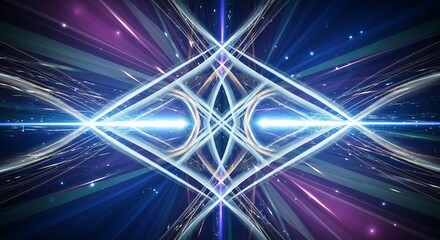 Symmetrical abstract futuristic light tunnel with glowing blue and purple energy streaks creating a vibrant, dynamic cosmic background.