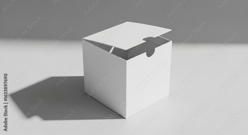 Poster clean white cardboard box with lid slightly open, casting a shadow on a light surface under soft lig