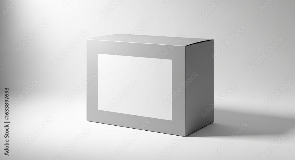 Poster clean, modern gray product box with a blank white label, presented on a seamless light gray backgrou