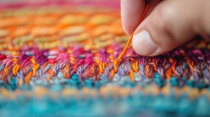 Obraz premium Hand stitching colorful fabric in a creative textile workshop in the afternoon