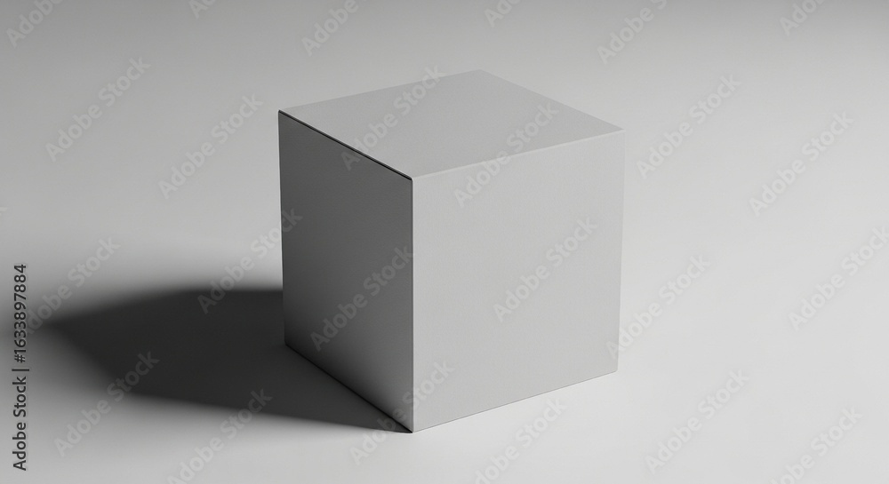 Poster a minimalist white cube casts a shadow on a light gray surface, creating a clean and modern abstract