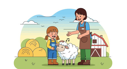 Naklejka premium Happy Farmers Showing Love to Sheep at Farm Illustration With Barn