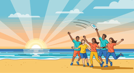 Happy Friends Playing Frisbee On A Sunny Day At The Beach