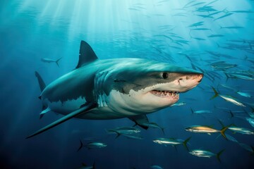 Fototapeta premium Great white shark swims through a school of fish in the deep blue ocean