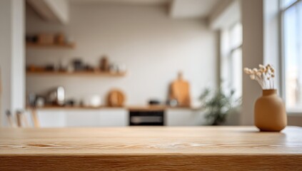 Blurred kitchen interior with wooden table and vase