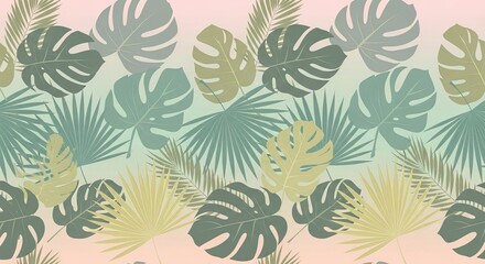 Fototapeta premium Tropical leaf pattern background design with monstera and palm leaves in pastel colors creating a vibrant and refreshing backdrop for summer-themed designs and promotions.