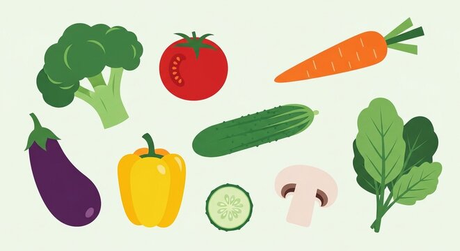 Freshly picked vegetables flat vector illustration featuring broccoli, eggplant, bell pepper, tomato, spinach, carrot, cucumber and mushroom arranged on a light backdrop. - Powered by Adobe
