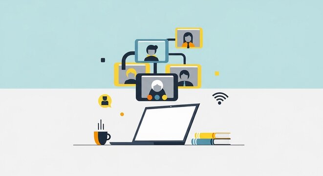 A laptop displaying a video conference, with people attending the online meeting, illustrating remote work and communication.