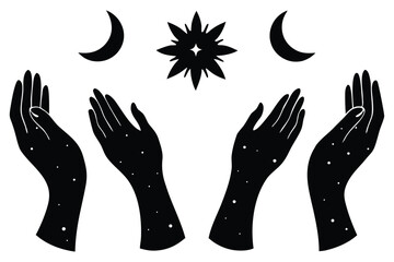 Fototapeta premium Celestial hands reaching for moon and star