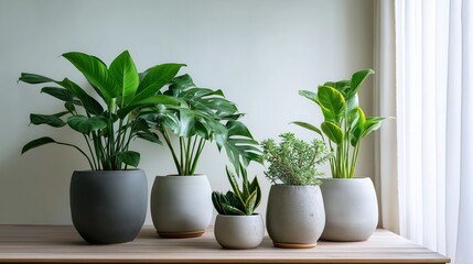 Fototapeta premium A collection of lush houseplants in modern ceramic pots arranged on a wooden table, creating a serene, minimalist interior.