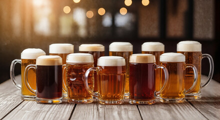 Row of beer mugs filled with different varieties of beer and foamy heads on wooden table. Selection of beer invites tasting, each mug holds different shades from light to dark. Enjoy tasting beer