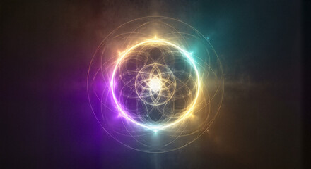 Obraz premium Abstract glowing sphere with intricate details radiating light, presenting a mesmerizing display. Abstract glowing sphere showcases detailed complexity, with luminous beauty and radiant patterns