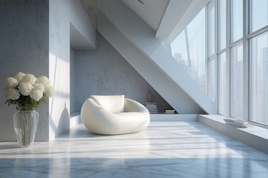 A sunlit, minimalist loft with a white armchair, marble floors, and a stunning city view through large windows. - Powered by Adobe