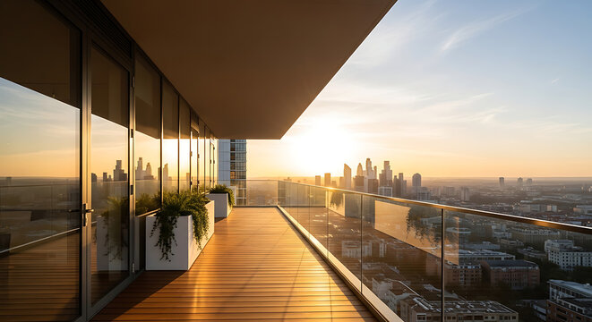 Luxurious penthouse balcony with a panoramic city view at golden hour, offering a serene urban escape.