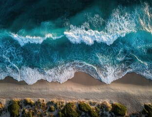 Fototapeta premium High-angle view of waves crashing on beach